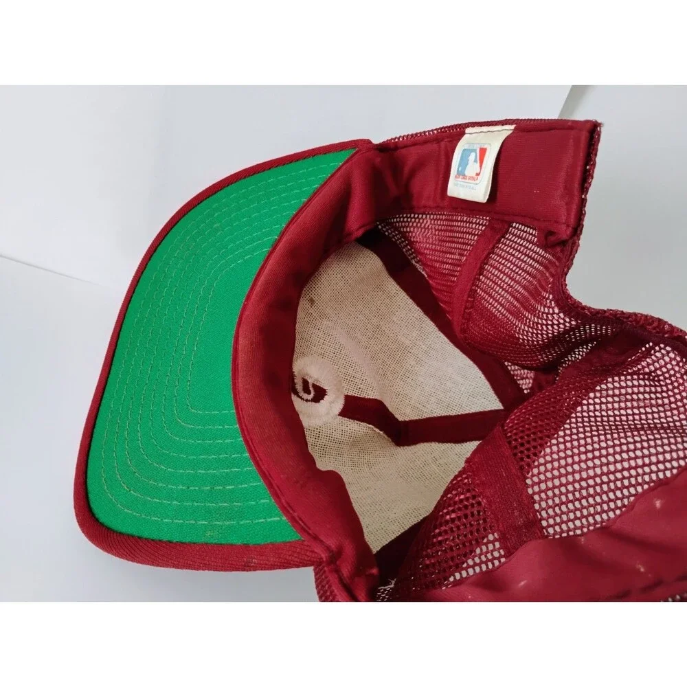 Vintage 80s Philadelphia Phillies Trucker Hat Maroon Mesh Broken Snap AS-IS